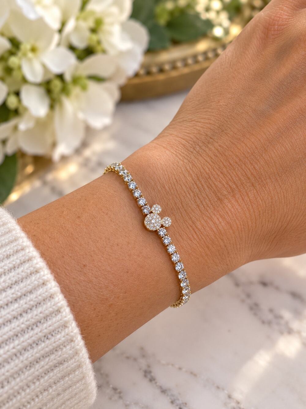 Disney Mickey Mouse Rhinestone Tennis Bracelet Gold Tone Adjustable Sparkle